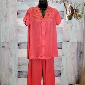 Henson Kickernick S Vintage Coral Nylon Lace Trim Pajamas 2pc Soft Lingerie